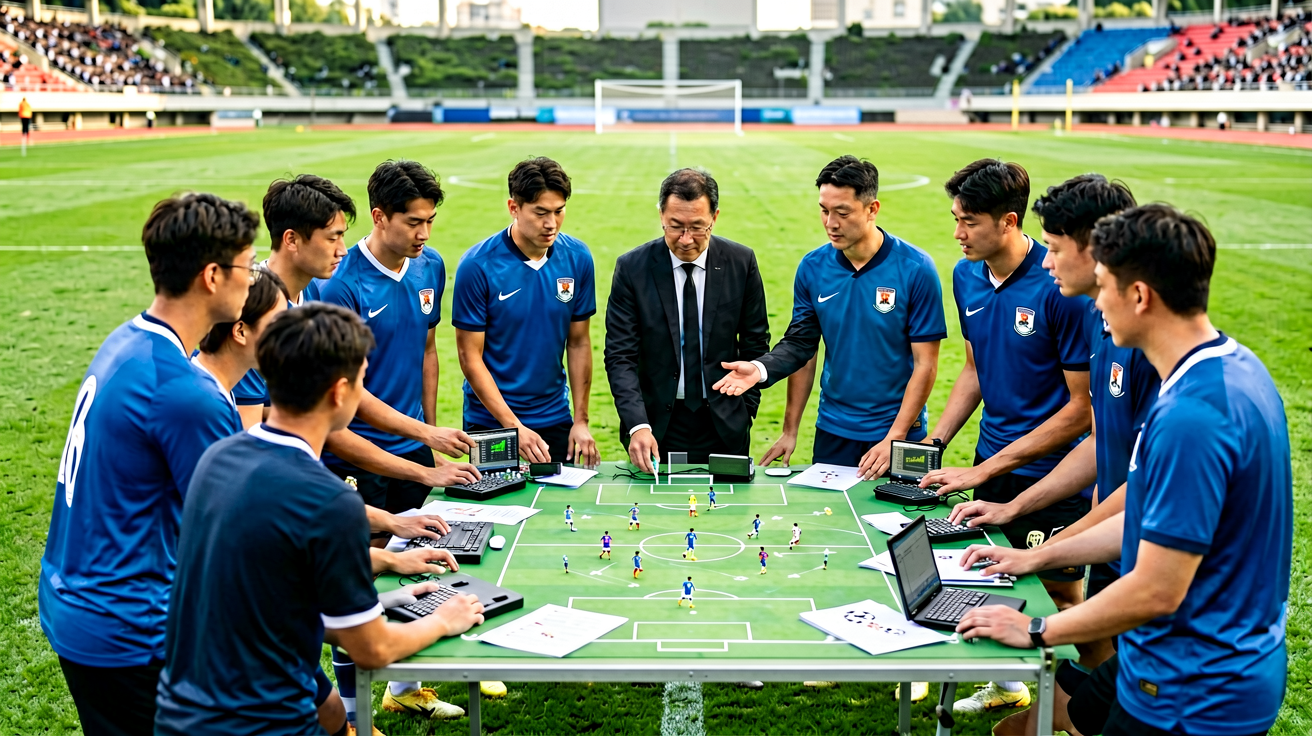 足球队员在场边围成一圈进行战术布置，教练指导比赛策略